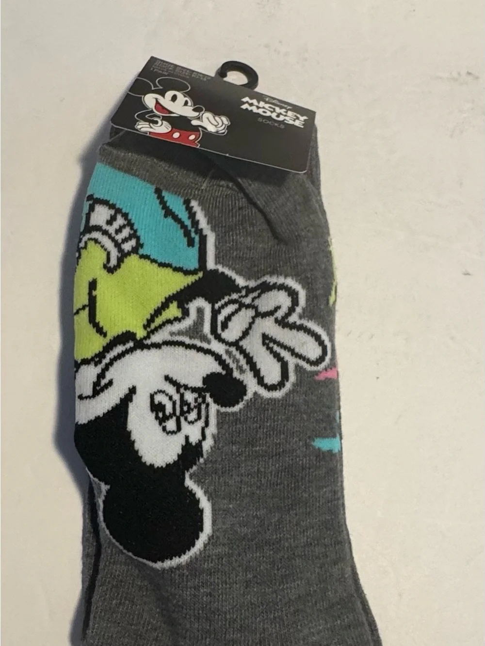 Disney Mickey Mouse Gray Crew Socks with Neon Accents